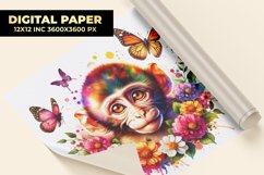 Monkey With Floral Watercolor Digital Paper Product Image 1