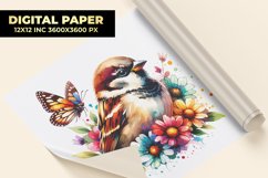 Sparrow With Floral Watercolor Digital Paper Product Image 1