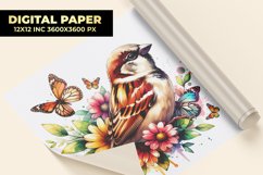 Sparrow With Floral Watercolor Digital Paper Product Image 1