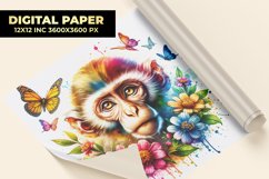Monkey With Floral Watercolor Digital Paper Product Image 1