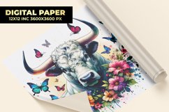 Bull With Floral Watercolor Digital Paper Product Image 1