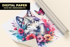 Wolf With Floral Watercolor Digital Paper Product Image 1