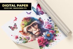 Monkey With Floral Watercolor Digital Paper Product Image 1