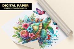 Turtle With Floral Watercolor Digital Paper Product Image 1