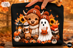 Cozy Fall Highland Cow and Ghost PNG Sublimation Design Product Image 1