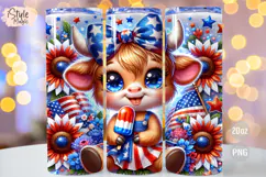 4th of july Highland Cow 20oz Tumbler Wrap Sublimation PNG Product Image 1