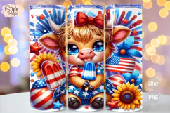 4th of july Highland Cow 20oz Tumbler Wrap Sublimation PNG Product Image 1