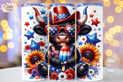 4th of july Highland Cow 20oz Tumbler Wrap Sublimation PNG Product Image 1