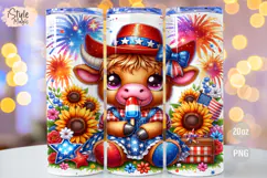 4th of july Highland Cow 20oz Tumbler Wrap Sublimation PNG Product Image 1