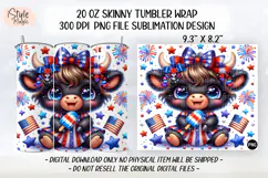 4th of july Highland Cow 20oz Tumbler Wrap Sublimation PNG Product Image 2