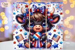 4th of july Highland Cow 20oz Tumbler Wrap Sublimation PNG Product Image 1