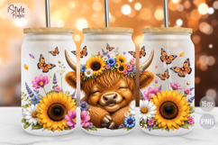 Sunflower Floral Highland Cow 16oz Libbey Glass Can Wrap PNG Product Image 1