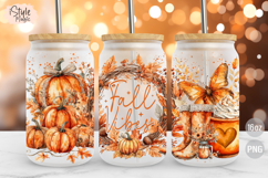 Fall Vibes Autumn Libbey 16oz Glass Can Wrap Sublimation PNG Product Image 1