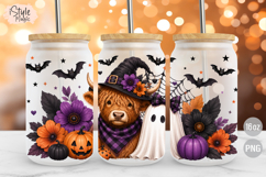 Halloween Highland Cow Ghost 16oz Glass Can Wrap PNG Product Image 1