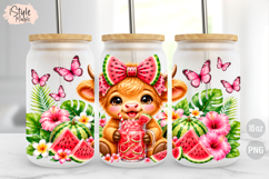 Watermelon Baby Highland Cow 16oz Glass Can Wrap PNG Product Image 1