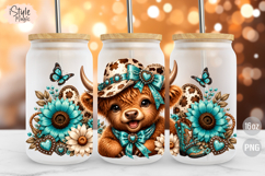 Western Highland Cow 16 oz Libbey Glass Can Wrap PNG Product Image 1
