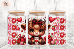 Valentine's Day Highland Cow 16 oz Libbey Glass Can Wrap PNG Product Image 2