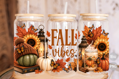 Fall Vibes 16oz Glass Can Wrap Floral Pumpkin Design PNG Product Image 3