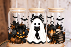 Cute Ghost Black Cat Halloween 16oz Libbey Glass Wrap PNG Product Image 3