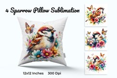 Sparrow With Flowers Watercolor Pillow Sublimation Product Image 1