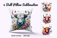 Bull With Flowers Watercolor Pillow Sublimation Product Image 1