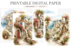 Watercolor Greek Island Village Junk Journal Pages Product Image 1