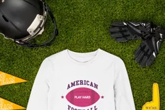 mockup-of-a-long-sleeve-tee-flat-laid-by-football-equipment-with american football print sublimation design