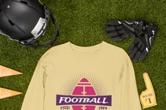 mockup-of-a-long-sleeve-tee-surrounded-by-football-equipment-with american football print design with ball