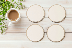 Four Blank Round Coasters Mockup with Cup and Flowers Product Image 1