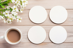 Four Blank Round Coasters Mockup with Cup and Flowers Product Image 1