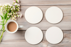 Four Blank Round Coasters Mockup with Cup and Flowers Product Image 1