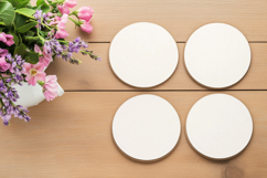 Four Blank Round Coasters Mockup with Cup and Flowers Product Image 1