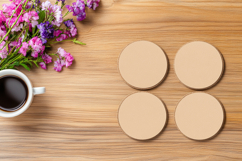 Four Blank Round Coasters Mockup with Cup and Flowers Product Image 1