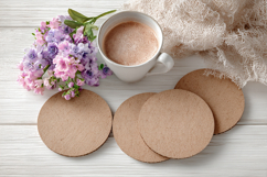 Four Blank Round Coasters Mockup with Cup and Flowers Product Image 1