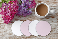 Four Blank Round Coasters Mockup with Cup and Flowers Product Image 1