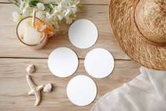 Four Blank Round Coasters Mockup with Cup and Flowers Product Image 1