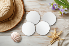 Four Blank Round Coasters Mockup with Cup and Flowers Product Image 1