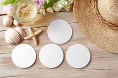 Four Blank Round Coasters Mockup with Cup and Flowers Product Image 1