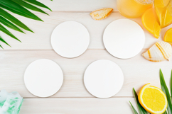 Four Blank Round Coasters Mockup with Cup and Flowers Product Image 1