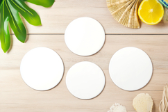Four Blank Round Coasters Mockup with Cup and Flowers Product Image 1