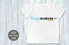 Mockup t-shirt PSD full wrap smart object white blank empty plain on bright wooden background