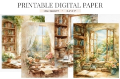 Library Window Tea Time Digital Paper Product Image 1
