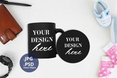 Black Coffee mug Round coaster Father's Day mockup PSD, Mock Product Image 1