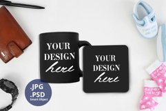 Black Coffee mug & Coaster Father's Day mockup PSD, Mock JPG Product Image 1