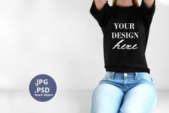 Black t-shirt female model Mockup, Mockup PSD & JPG Product Image 1