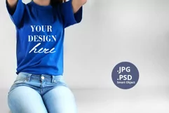 Blue t-shirt woman model Mockup, Mockup PSD & JPG Product Image 1