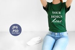 Green t-shirt woman model with a Cap Mockup, Mockup PSD & JP Product Image 1