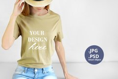 Sand t-shirt woman model & Hat Mockup, Mockup PSD Product Image 1