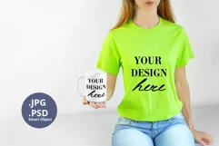 Electric Green t-shirt woman & 15oz Mug Mockup, Mockup PSD Product Image 1