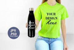 Green t-shirt woman & Black Bottle Mockup, Mockup PSD & JPG Product Image 1